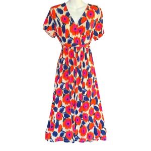 NEW Market Spruce Wrap V Neck Midi Dress Short Sleeve Bold Multi Floral Women M